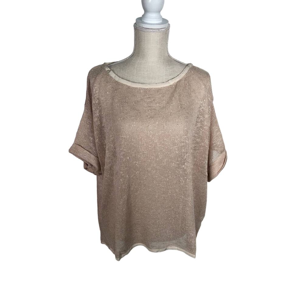 Uniq Beige Crochet Roll Tab Oversized Short Sleeve Sweater - M
